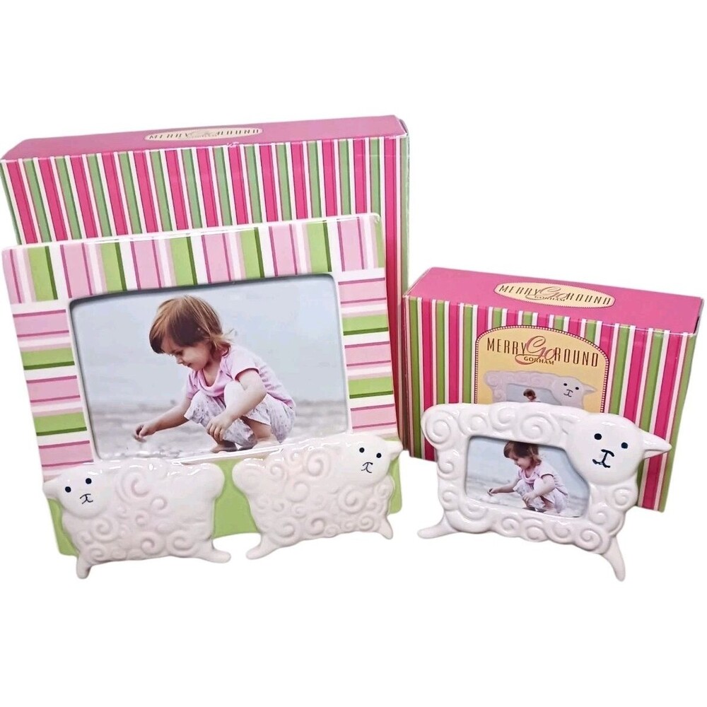 NEW GORHAM Merry Go Round Little Girl With A Curl Baby Lamb Picture Frames Set